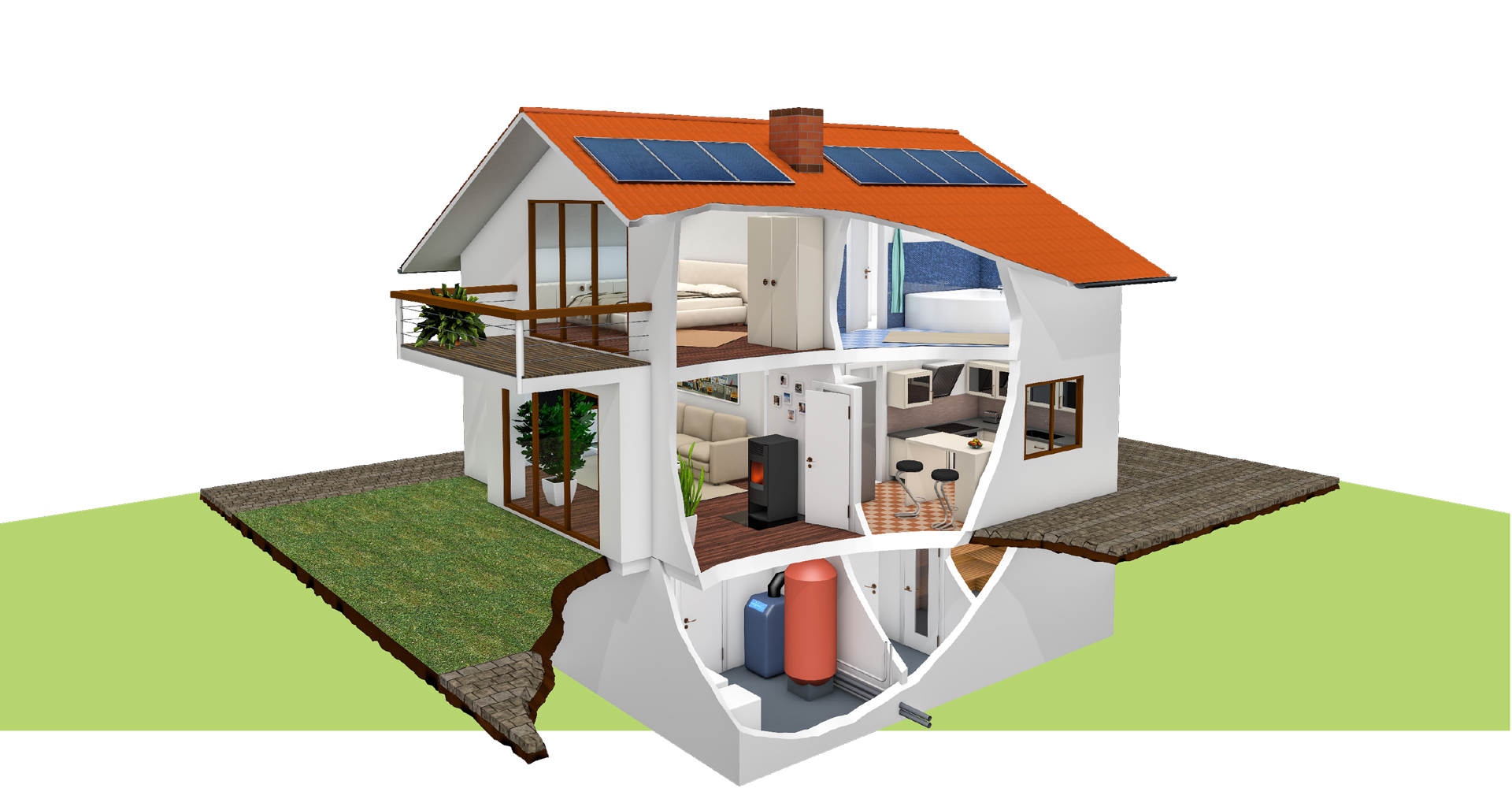 Illustration eines Hauses mit den HEISS-Leistungsbereichen Heizung, Solar und Sanitär